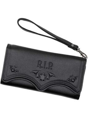 RIP Bats Black Trifold Wallet Vegan Leather Many Card Slots Wriststrap NWT